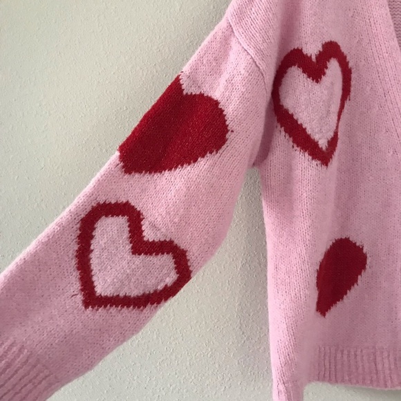 Pink & Red Hearts Printed Slouchy Stretchy Heart Buttoned Cardigan Size S - Picture 3 of 9